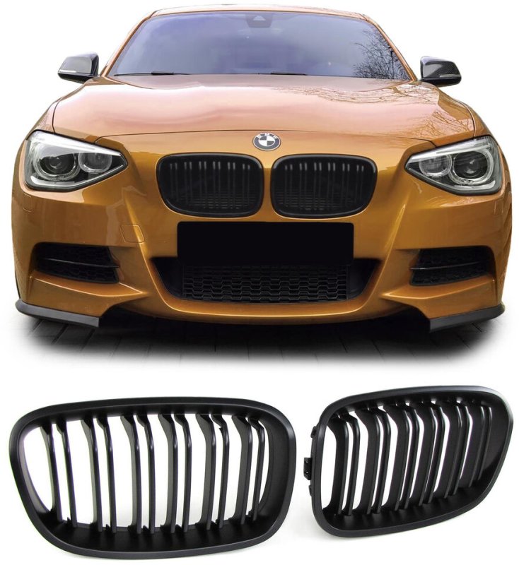 画像1: ◆BMW F20 1シリーズ前期用 Mパフォーマンスタイプ艶黒ブラックキドニーグリルセット/センターグリル/ラジエターグリル/PERFORMANCE/CROSS CARBON/クロスカーボン/Mルック (1)