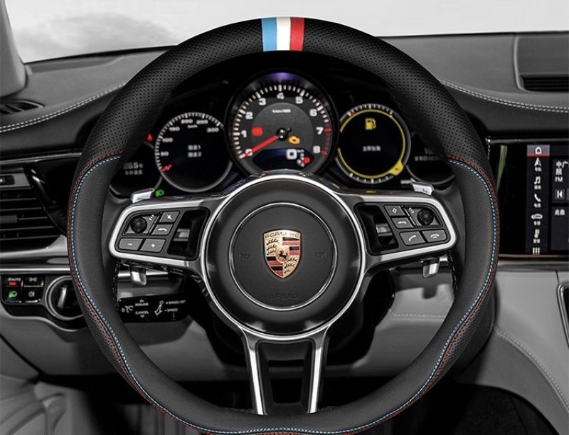 画像1: フォルクスワーゲン◆汎用 トリコロールカラーステッチレザースポーツタイプステアリングカバー/ハンドルカバー/VW/シロッコ/パサート/ゴルフ/T-ROC/ポロ/ティグアン/ (1)
