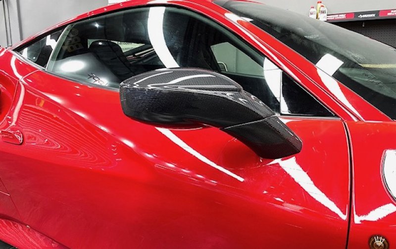 画像1: カーボナド◆フェラーリ 488 GTB/GTS クーペ スパイダー用  ドライカーボンサイドミラーユニット/ドアミラー/バックミラー/交換式/DRYCARBON/綾織カーボン/人気商品/ (1)